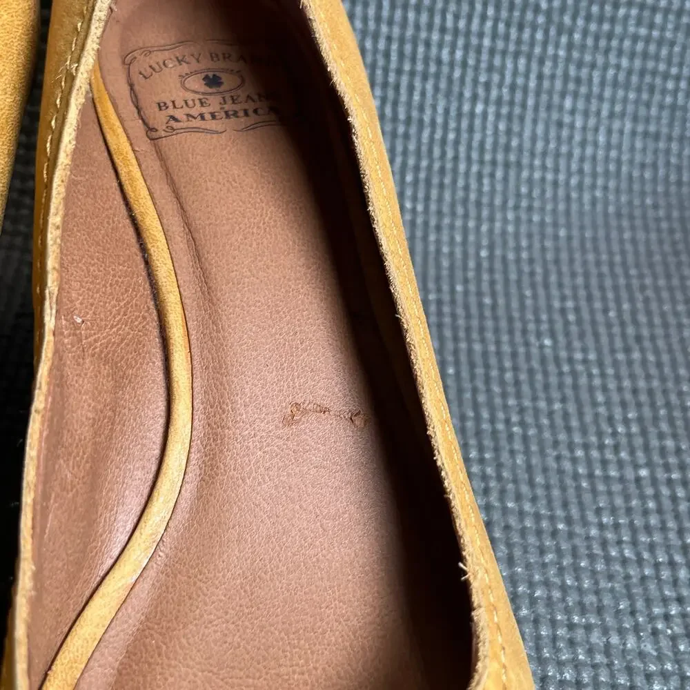 Lucky Brand Issy 2 Wedge Heels Womens 8.5M Yellow Leather Slip On Peep Toe‎